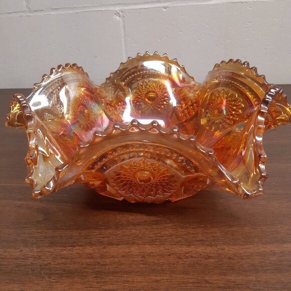 Large Marigold Carnival Glass Ruffled, Sawtooth Bowl - Picture 3 of 4